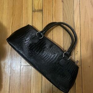 Black Crocodile-Embossed Shoulder Bag